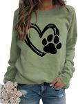 Sunidol Womens Puppy Paw Print Shirts Love Heart Graphics Long Sleeve Crewneck Pullover Loose Casual Dog Mom Sweatshirts Tops Green M
