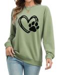 Sunidol Womens Puppy Paw Print Shirts Love Heart Graphics Long Sleeve Crewneck Pullover Loose Casual Dog Mom Sweatshirts Tops Green M