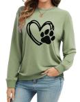 Sunidol Womens Puppy Paw Print Shirts Love Heart Graphics Long Sleeve Crewneck Pullover Loose Casual Dog Mom Sweatshirts Tops Green M