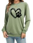 Sunidol Womens Puppy Paw Print Shirts Love Heart Graphics Long Sleeve Crewneck Pullover Loose Casual Dog Mom Sweatshirts Tops Green M
