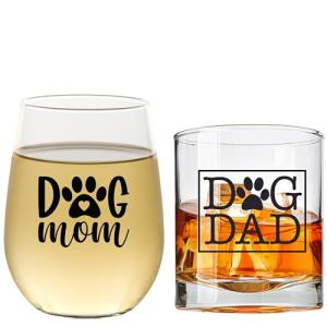 Dog Mom Wine Glass & Dog Dad Whiskey Glass Set - Dog Lover Gifts For Women & Men - Scratch Resistant, Dishwasher Safe Dog Mom Gifts - For Couples With Pets - Printed in the USA