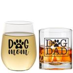 Dog Mom Wine Glass & Dog Dad Whiskey Glass Set - Dog Lover Gifts For Women & Men - Scratch Resistant, Dishwasher Safe Dog Mom Gifts - For Couples With Pets - Printed in the USA