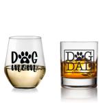 Dog Mom Wine Glass & Dog Dad Whiskey Glass Set - Dog Lover Gifts For Women & Men - Scratch Resistant, Dishwasher Safe Dog Mom Gifts - For Couples With Pets - Printed in the USA