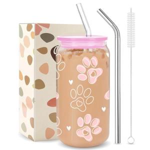 Cute Dog Paws Drinking Glass Cup Dog Lover Glass Coffee Cup with Lid & 2 Straw - Gifts in Memory of Dogs - Dog Mom Gift for Birthday Mothers Holiday Christmas Day for Dad Mom Sister Friends Bestie