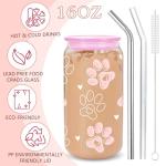 Cute Dog Paws Drinking Glass Cup Dog Lover Glass Coffee Cup with Lid & 2 Straw - Gifts in Memory of Dogs - Dog Mom Gift for Birthday Mothers Holiday Christmas Day for Dad Mom Sister Friends Bestie