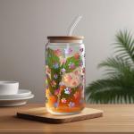 Fenmshairy Cute Dog Paws Drinking Glass Cup 16 Oz with Bamboo Lid and Straws, Iced Coffee Beer Cocktail Glass Tumbler, Holiday Christmas Birthday Gift for Dad Mom Sister Friends Bestie