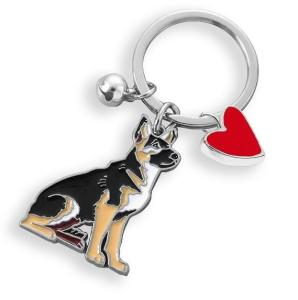 German Shepherd Dog Keychain with Heart Charm, Metal Enamel Design