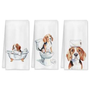 HUGANE Funny Beagle Bathroom Hand Towels Set of 3, Beagle Decor Hand Towels for Bathroom, Beagle Gifts for Women Men, Gifts for Beagle Lovers, Kids Bathroom Decor, Dog Bathroom Decor, 16x24 Inch