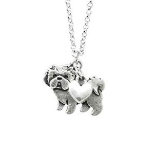 Shih Tzu Charm Necklace, Shitzu dog Lover Gift, Silver Metal with Heart Pendant on a Chain, Ladies I Love White Puppy (Shih Tzu)