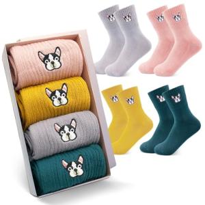 Jinny's Shoppe Women’s Cute Crew Socks Gift Set – 3/5 Pairs Warm Cotton Novelty Holiday Socks for Christmas, Birthday, Valentine’s Gift (Bulldog Embroidery)