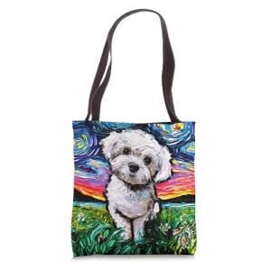 Maltipoo Starry Night White Maltese Poodle Dog Art by Aja Tote Bag 16 inches