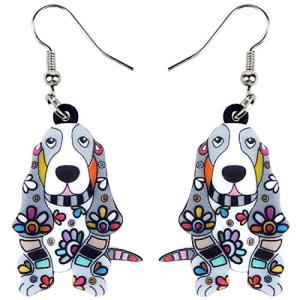 DOWAY Acrylic Floral Cartoon Basset Hound Dog Earrings Dangle Drop Cute Pet Jewelry for Women Charm Gift (Grey)