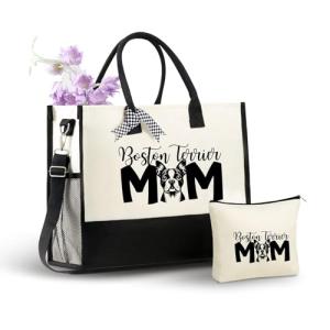 InnoBeta Boston Terrier Gifts for Women Canvas Tote Bag, Boston Terrier Gifts Tote with Top Zipper Closure and Shoulder Strap for Birthday, Mother's Day, Christmas