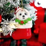 Maltese Dog Christmas Ornament – Cute White Dog in Stocking with Gold Hanging String, Resin Pet Figurine for Christmas Tree Decorations, 2025 Animal Ornaments
