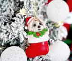 Maltese Dog Christmas Ornament – Cute White Dog in Stocking with Gold Hanging String, Resin Pet Figurine for Christmas Tree Decorations, 2025 Animal Ornaments