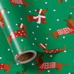 LeZakaa Christmas Dachshund Wrapping Paper Mini Roll, Dachshund Dressed in Festive Customes, White Snow-dot Xmas Green Design, Holiday Party Gift Wrap for Kids Boys Girls, 17 inches x 16.4 Feet