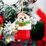 Maltese Dog Christmas Ornament – Cute White Dog in Stocking with Gold Hanging String, Resin Pet Figurine for Christmas Tree Decorations, 2025 Animal Ornaments