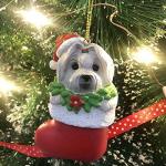 Maltese Dog Christmas Ornament – Cute White Dog in Stocking with Gold Hanging String, Resin Pet Figurine for Christmas Tree Decorations, 2025 Animal Ornaments
