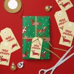 LeZakaa Christmas Dachshund Wrapping Paper Mini Roll, Dachshund Dressed in Festive Customes, White Snow-dot Xmas Green Design, Holiday Party Gift Wrap for Kids Boys Girls, 17 inches x 16.4 Feet