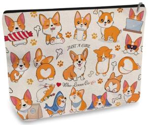 DOOX Corgi Makeup Bags with Lining, Funny Cosmetic Bags Pencil Pouch - Double-Sided Print - Double-Sided Print - Cute Birthday & Christmas Corgi Gifts for Daughter,Sister, Women
