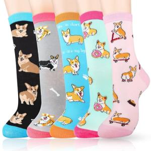 Belloxis Corgi Socks for Women Teen Girls, Cotton Novelty Dog Lover Gifts, 5 Pairs Cute Multi-Cogi Pattern Funny Animal Crew Socks, Birthday Presents Stocking Stuffers for Corgi Mom Girl Gifts