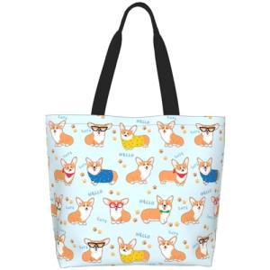 Qwalnely Corgi Tote Bag Beach Canvas Travel Bag for Women, Shopping Bag Gifts for Corgi Lover