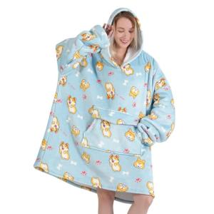 Wearable Blanket Hoodie for Adult,Oversized Sherpa Fleece Blanket Hoodie for Women Men,Corgi