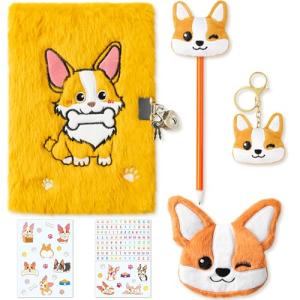 CY2SIDE Corgi Dog Diary Set - 6PCS Corgi Diary with Lock and Keys for Girls, Corgi Plush Secret Journal Diary Journaling Set for Writing, Make Your Own Scrapbook with Crafts Idea Gift for Teen Girls
