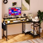 DUMOS Gaming Desk, Computer Desk with USB Charging Ports, Power Outlets, Type-C and LED Lights, Reversible L Shaped Desk with Storage Shelves & Monitor Stand for Office Gaming Room Black 48IN