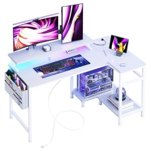 DUMOS Gaming Desk, Computer Desk with USB Charging Ports, Power Outlets, Type-C and LED Lights, Reversible L Shaped Desk with Storage Shelves & Monitor Stand for Office Gaming Room White 40IN