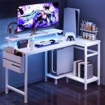 DUMOS Gaming Desk, Computer Desk with USB Charging Ports, Power Outlets, Type-C and LED Lights, Reversible L Shaped Desk with Storage Shelves & Monitor Stand for Office Gaming Room White 40IN
