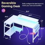 DUMOS Gaming Desk, Computer Desk with USB Charging Ports, Power Outlets, Type-C and LED Lights, Reversible L Shaped Desk with Storage Shelves & Monitor Stand for Office Gaming Room White 40IN