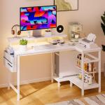 DUMOS Gaming Desk, Computer Desk with USB Charging Ports, Power Outlets, Type-C and LED Lights, Reversible L Shaped Desk with Storage Shelves & Monitor Stand for Office Gaming Room White 40IN