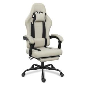 ErgoDesign Breathable Fabric Gaming Chair with Footrest, Height Adjustable Game Chair, Video Gaming Chair for Gaming Room, Living Room and Office - Beige/Black