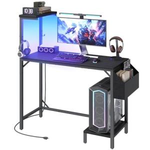 MAHANCRIS Gaming Desk, Computer Desk with Charging Station and LED Light, Small PC Desk with Side Storage Bag and Shelves, 2 Hooks, for Living Room, Home Office, Bedroom Black CDHS134E01