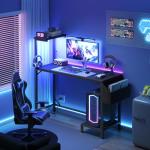 MAHANCRIS Gaming Desk, Computer Desk with Charging Station and LED Light, Small PC Desk with Side Storage Bag and Shelves, 2 Hooks, for Living Room, Home Office, Bedroom Black CDHS134E01