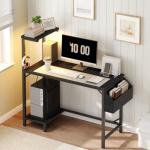 MAHANCRIS Gaming Desk, Computer Desk with Charging Station and LED Light, Small PC Desk with Side Storage Bag and Shelves, 2 Hooks, for Living Room, Home Office, Bedroom Black CDHS134E01