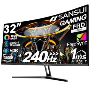 SANSUI 32 Inch Curved 240Hz Gaming Monitor High Refresh Rate, FHD 1080P Gaming PC Monitor HDMI DP1.4, Curved 1500R, 1Ms MPRT, HDR,Metal Stand,VESA Compatible(DP Cable Incl.)