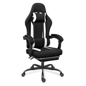 ErgoDesign Breathable Fabric Gaming Chair with Footrest, Height Adjustable Game Chair, Video Gaming Chair for Gaming Room, Living Room and Office - Black/White
