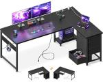 AODK L Shaped Gaming Desk with 4 Drawers, 61" Reversible Home Office Desks with Power Outlets, L Shaped Computer Desk with USB Charging Port and Host Stand, Corner Desk, Easy to Assemble, Black
