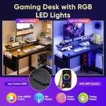 DUMOS Gaming Desk, Computer Desk with USB Charging Ports, Power Outlets, Type-C and LED Lights, Reversible L Shaped Desk with Storage Shelves & Monitor Stand for Office, Gaming Room Black 40IN