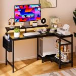 DUMOS Gaming Desk, Computer Desk with USB Charging Ports, Power Outlets, Type-C and LED Lights, Reversible L Shaped Desk with Storage Shelves & Monitor Stand for Office, Gaming Room Black 40IN