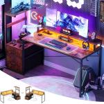 Aheaplus Gaming Desk with LED Strip & Power Outlet, 59Inch Reversible Computer Desk with Monitor Stand & Storage Shelves, Home Office Desks with Fabric File Drawer, Gamer Table PC Desk, Rustic Brown