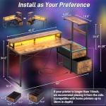 Aheaplus Gaming Desk with LED Strip & Power Outlet, 59Inch Reversible Computer Desk with Monitor Stand & Storage Shelves, Home Office Desks with Fabric File Drawer, Gamer Table PC Desk, Rustic Brown