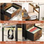 Aheaplus Gaming Desk with LED Strip & Power Outlet, 59Inch Reversible Computer Desk with Monitor Stand & Storage Shelves, Home Office Desks with Fabric File Drawer, Gamer Table PC Desk, Rustic Brown