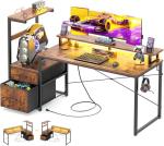 Aheaplus Gaming Desk with LED Strip & Power Outlet, 59Inch Reversible Computer Desk with Monitor Stand & Storage Shelves, Home Office Desks with Fabric File Drawer, Gamer Table PC Desk, Rustic Brown