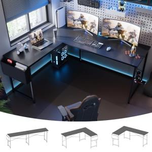Pamray 64.5 Inch Reversible L Shaped Gaming Desk Large Corner Computer Desk with Storage Bag Home Office Table for Writing Study Black