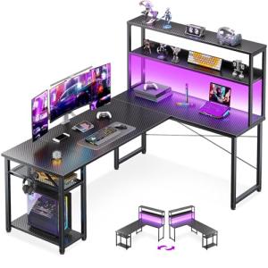 ODK 61" L Shaped Gaming Desk with Hutch & Headphone Hook, Corner Computer Table with Storage Shelves for Home Office, Black