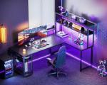 ODK 61" L Shaped Gaming Desk with Hutch & Headphone Hook, Corner Computer Table with Storage Shelves for Home Office, Black