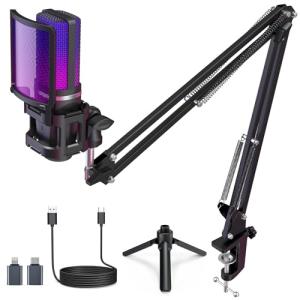 ZealSound Gaming Microphone, USB Mic for PC with Noise Cancellation, RGB, Mute, Gain Control, Zero-Latency Monitoring, Boom Arm, Tripod Stand & Pop Filter, for Mac, iPhone, Streaming, Twitch, YouTube